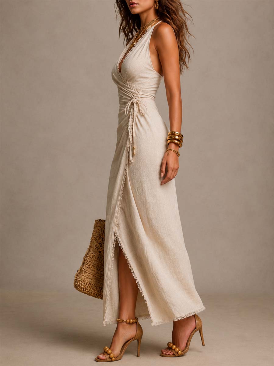 Aeloria - Robe portefeuille midi en lin premium