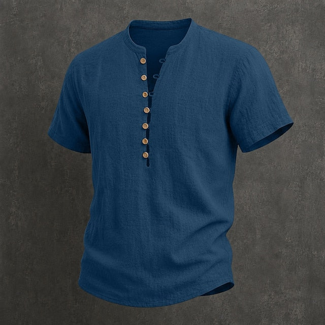 Fulton - Chemise en lin haut de gamme à manches courtes et col montant